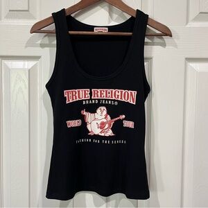 True Religion Women’s Black Rib-knit Tank Top Buddha World Tour Small